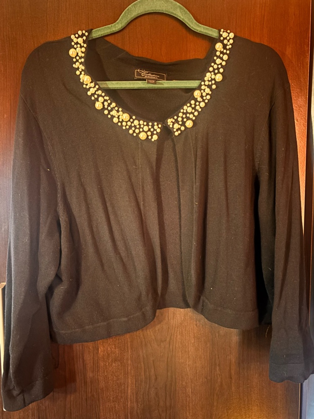 Dress Barn Black Cardigan with Pearl Embellished Collar